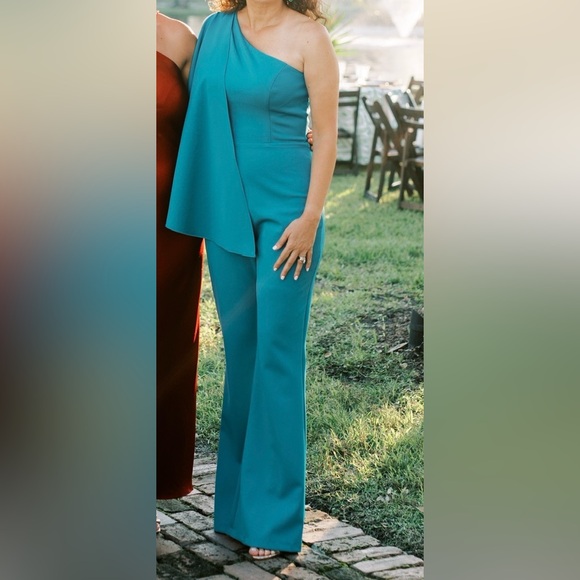 Ashley Lauren one-shoulder scuba jumpsuit in teal